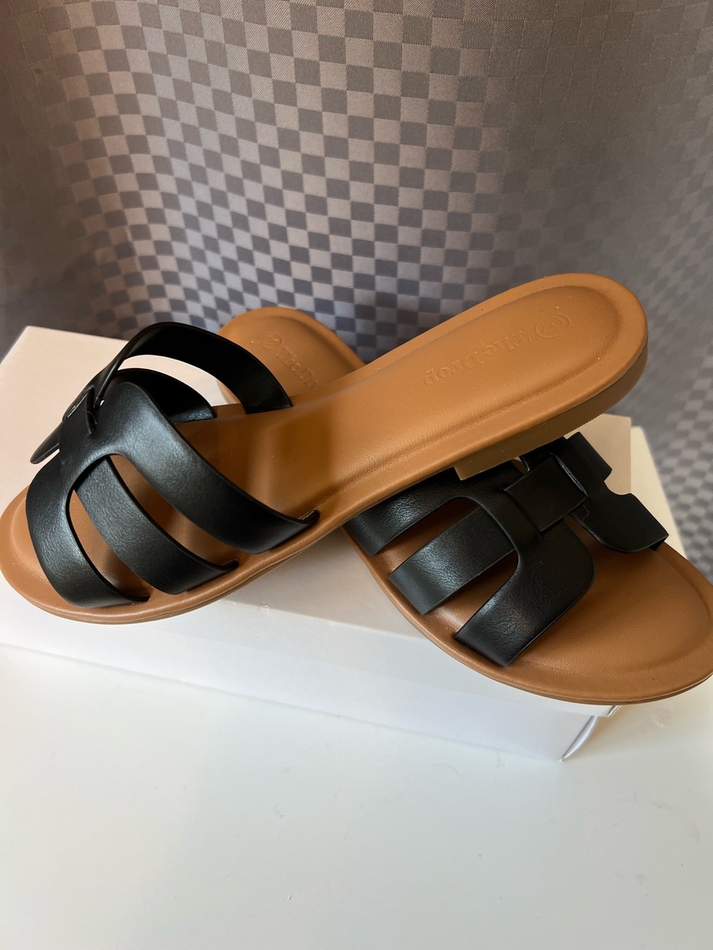 The Drop Women's Monika Flat H-Band Slide Sandals Black Sz 8 Faux Leather NWT